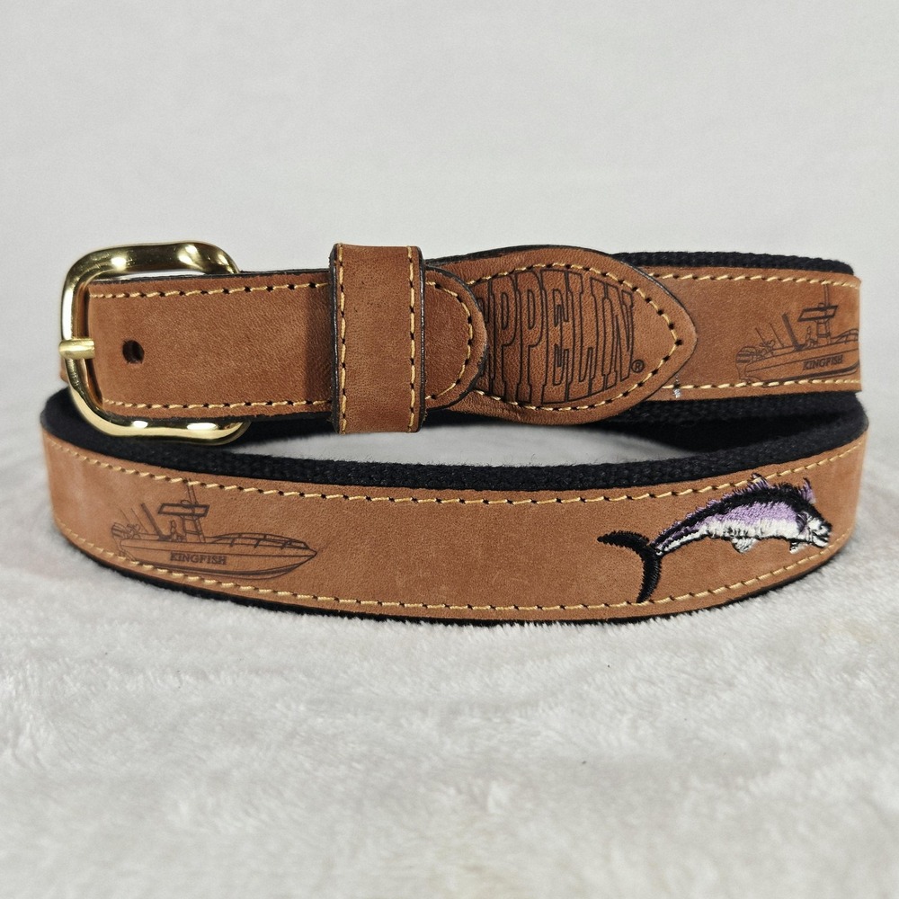 Zeppelin Belt Mens 44 Brown Leather Kingfish Fish Boat Nautical Solid Brass USA